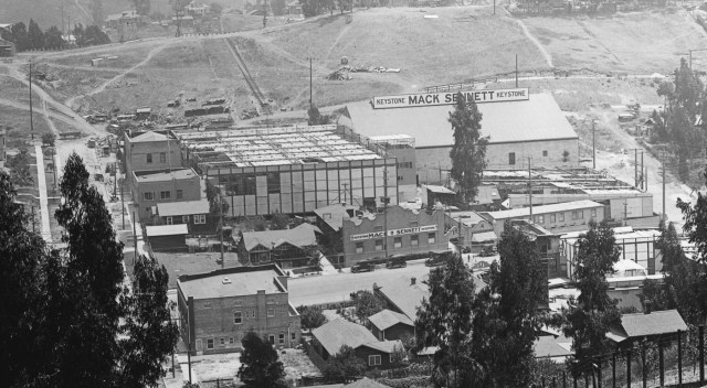 View of the Keystone Studio. The large stage with the sign on the roof is still standing.