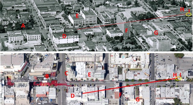 Hollywood Then (1926) and Now.  (A) marks the Hotel Hollywood, now (B) the Hollywood and Highland entertainment center (there are red carpets in the street for the Oscar ceremonies), (C) the First National Bank tower (completed in 1928), (D) the Hollywood Fireproof Storage building, now the Hollywood Museum, (E) the Montmartre restaurant building, (F) the Hotel Christie (opened in 1923), (G) the south end of the Egyptian Theater forecourt (opened in 1922), (H) 6669 Hollywood Blvd. (the original Musso & Frank site), and (I) 6667 Hollywood Blvd., the current Musson & Frank site.  b&w image HollywoodPhotgraphs.com – color image (C) 2012 Google.