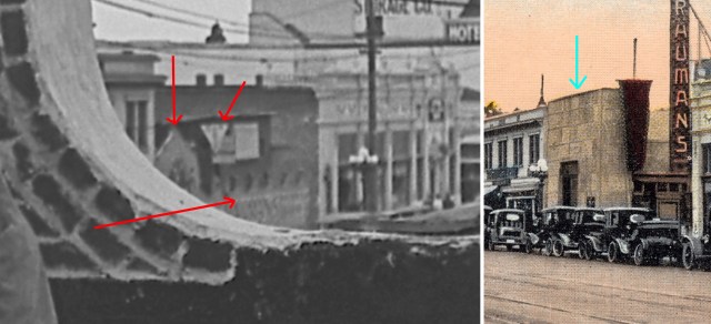 Close-up view of Egyptian Theater construction site.  The triangle (right arrow) I believe is a street car traffic sign, suspended from a wire across the street.  The bottom arrow points across what appears to be the top edge of billboards pasted on a construction site fence fronting the sidewalk.  The mystery is the left arrow, pointing down toward a pitched face building that appears to have Gothic-arched windows.  A  squat, block-shaped Egyptian-style structure was later built at this spot.