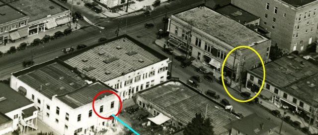 Click to enlarge. Another 1922 view of Toberman Hall (red oval) in relation to the Cops alley (yellow oval).