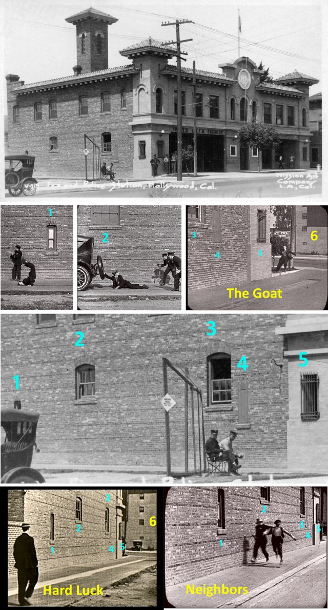 Click to enlarge. The unique fire station alley windows (1-5) and the Go West parking lot (6) across the street. Photo Tommy Dangcil.