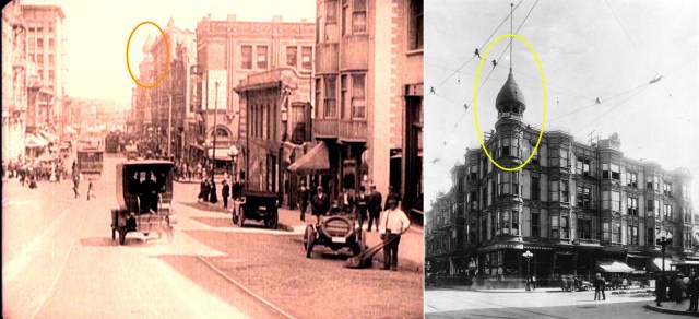 Click to enlarge. Both images show the distinctive dome tower of the Wilson Building that once stood at 1st and Spring. Tagging this unique dome was the clue to solving this location mystery.