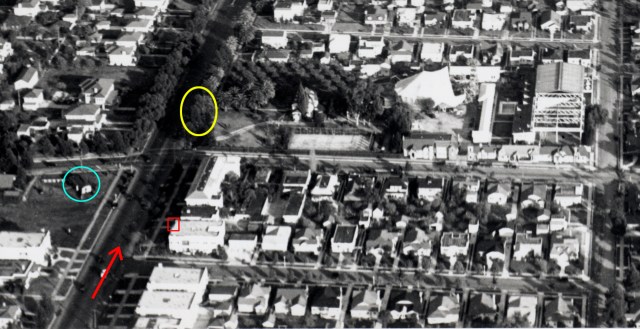 Click to enlarge. The red box and yellow oval match the above movie frame. The Chaplin Studio backlot shows a half-circus tent set built for Chaplin's 1928 feature The Circus     Click to enlarge. The red box and yellow oval match the above movie frame. The Chaplin Studio backlot shows a half-circus tent set built for Chaplin's 1928 feature The Circus