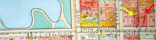 The Dresden Apartments (yellow arrow) and California Garage (red arrow) east of Westlake Park