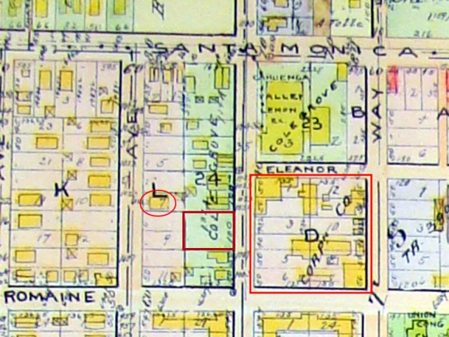 The Keaton Studio, circa 1921, within Eleanor, Cahuenga, Romaine, and Lillian Way - the barn at upper left.