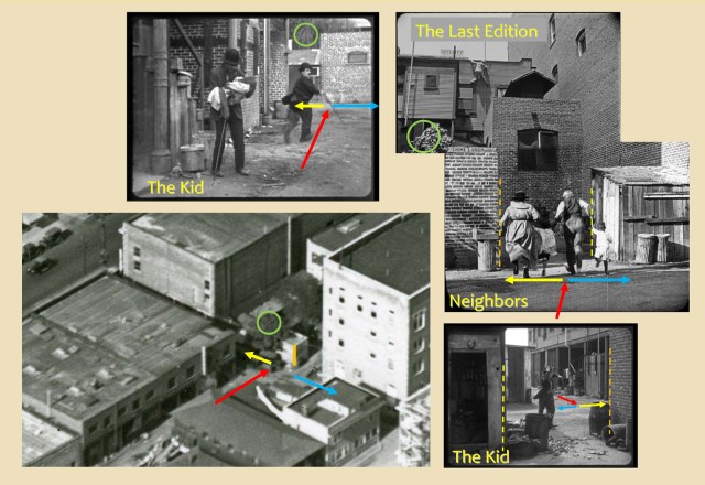 Click to enlarge. Upper left, Charlie runs north past a bakery brick oven. The two lower right images show the reverse sides of the same shed.