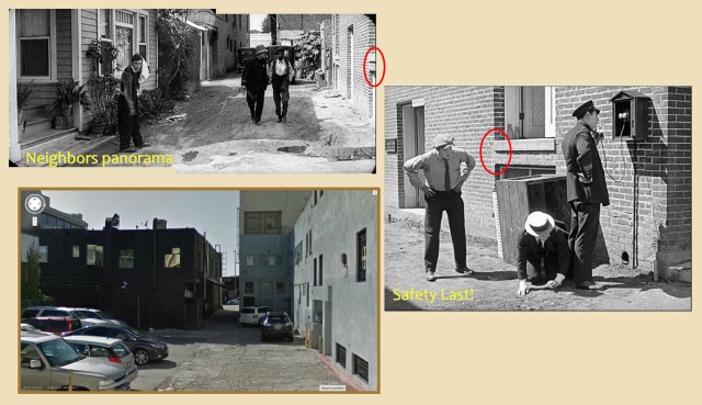 Click to enlarge. Looking west from Cosmo down the alley towards Cahuenga. At back you can still see the post supporting the second floor corner. Although now remodeled, the back of the Markham Building, which portrayed the De Vore department store in Safety Last!, stands to the right in each image. (C) 2013 Google.