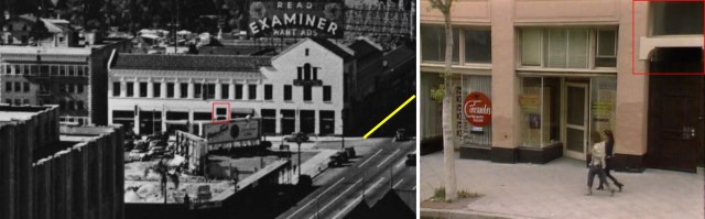 The former Shatto Place storefronts at the corner of Wilshire (now a vacant lot), where Harry filmed along the yellow line for The Strong Man.  The corner was originally a Rolls Royce dealership (see far above).  The red box stands to the right of the camera shop appearing in the opening credits to the Punky Brewster TV show (right).