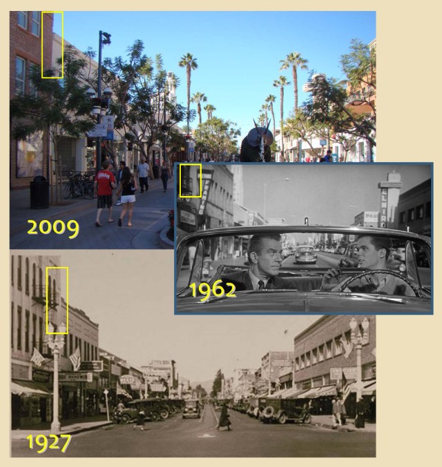 Looking north up 3rd Street from Broadway.  Absent in the 1927 view are the Clock Tower (left) built in 1929, and the El Miro tower (right) built in 1933.  The yellow box marks the transition from the historic Keller Building on the corner of Broadway and the two story building north of it.  Closed to street traffic today, the site is now known as the Third Street Promenade.  Santa Monica Public Library