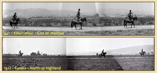 At top, riding east in 1921 along Melrose looking north (Kino-Lorber); immediately above, looking west, riding north up Highland in 1922 past the La Brea barn and a landmark tree towards the Robin Hood set (Eureka).