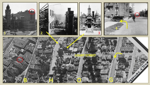 This 1919 aerial view looking south situates the Bradbury Mansion (3 - viewed from Hill St) and the Chestmere Apartments (arrow). The south overlook of the Hill Street Tunnel (2) is where Lloyd and many other comedians filmed stunt comedies. The movie frame oval shows the tower of the former Hall of Records (1). Street index - (B) Broadway, (H) Hill Street, (O) Olive Street, (G) Grand Avenue. Watson Family Photographic Archive