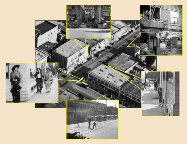 Click to enlarge. Clockwise from the bottom, Harold Lloyd in Why Worry? (1923); Mabel Normand, Charlie Chaplin, and Marie Dressler in Tillie’s Punctured Romance; Buster Keaton in Cops; Douglas Fairbanks in Flirting With Fate; and Mary Pickford in 100% American. 