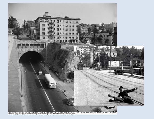 A rare clear view of the back of the 2nd Street Tunnel and the Stanley Apartments matching in the Chaplin frame. (C) The J. Paul Getty Trust.