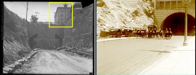 East view towards the west portal of the tunnel under construction, with the Hotel Stanly (box) looking down. A comparable view of the finished tunnel