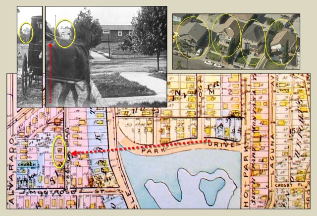 Perhaps most remarkably, when an ambulance arrives at Charlie’s home during Cruel, Cruel Love, the camera looks due west along Park Avenue, past Echo Park to the left (south), towards vintage homes on a hill in the far background that are still standing on N. Bonnie Brae Street. I can’t identify the homes positively, but they are likely among the four pictured here.