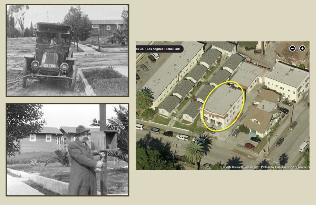 Standing between the corner home and the bungalows, on what was a vacant lot during the 1914 filming, is an apartment block built in the 1920s