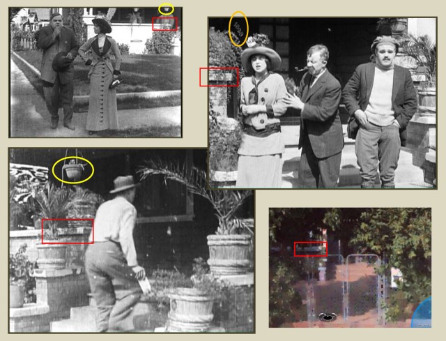 Four views of the 1629 Park Ave. porch. Clockwise - A Flirt's Mistake, Mabel at the Wheel, today, and Cruel, Cruel Love