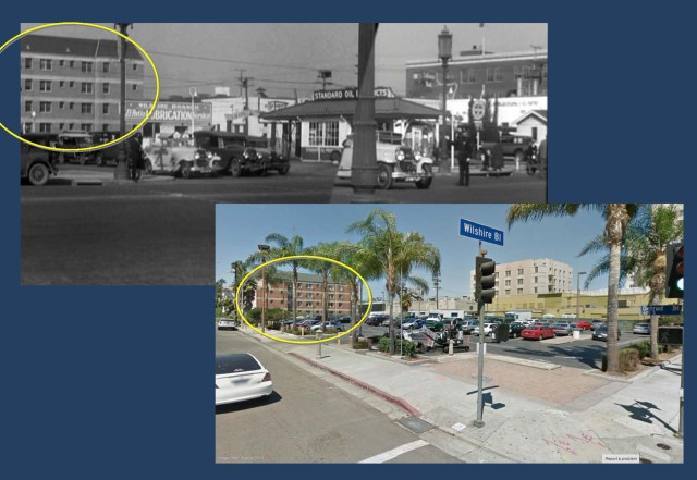 Cagney and his buddy played by Edward Woods drive south down Detroit Street crossing Wilshire. The Wilshire Manor Apartments (oval) stand at back.