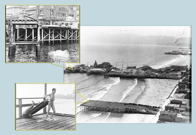 With clever editing, Charlie dumps Eric into the water from the Center Street Pier (lower left), yet Eric hits the water beside the Abbott Kinney Pier (upper left).