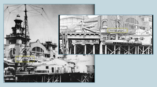 The front of the Venice Auditorium appears in both images, along with a "MUIRAUQA" sign, the back of the illuminated sign for the Venice AQUARIUM. LAPL