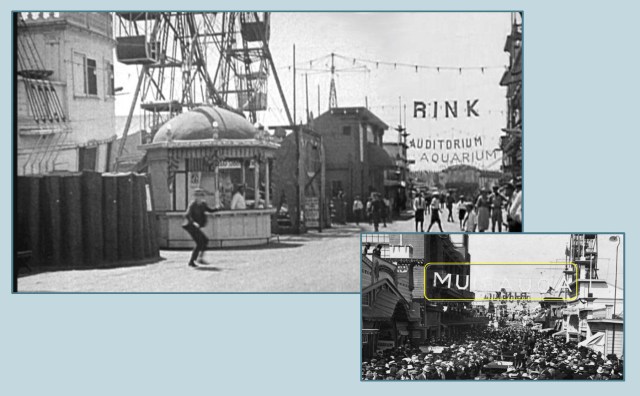This view from Harold Lloyd's 1920 short comedy Number Please? reveals the AQUARIUM sign as it appeared to the public strolling down the pier. The inset view looks the other way. LAPL 