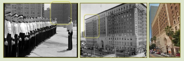 The movie begins with the ushers lining up for inspection.  The existing Barker Brothers Building, (4) above, appears to the right.  LAPL. 