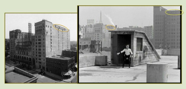 When Jimmy dashes onto the roof from the stairwell shed, the former Bible Institute Building on Hope Street, (1) above, appears at back.  LAPL.  The building's later installed pair of large neon "JESUS SAVES" became a downtown landmark.