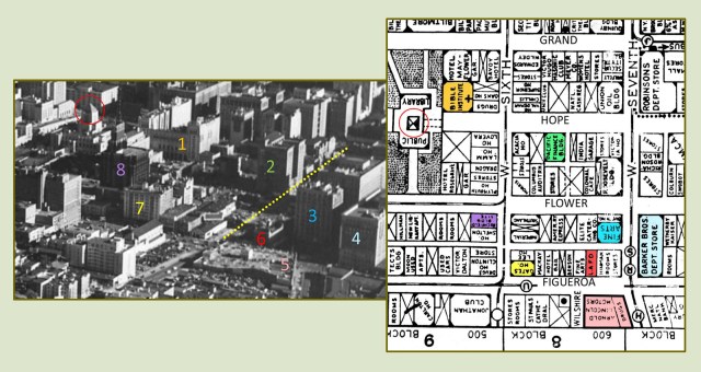 This later aerial view shows the various buildings in relation to the Arnold Building roof (5).  Note on the 1934 map that Wilshire Blvd. terminated at Figueroa.  The later aerial photo shows that Wilshire (dotted yellow line) was later extended three blocks further to Grand.  USC Digital Library. 