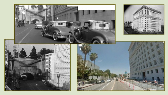 Cagney's car pulls away from the Hall of Justice towards the south face of the Broadway Tunnel.  The recently refurbished Hall of Justice just reopened after being shuttered for decades.  While the building looks good as new, the tunnel, and the hill have been completely obliterated.  USC Digital Library. 