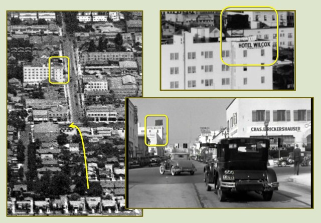 Next, the killers chase Cagney north up Wilcox, where he turns left, west, onto Sunset Blvd.  The extant Hotel Wilcox appears in each image.  Notice that Wilcox was not yet a through street when this aerial view was taken in 1928.  Marc Wanamaker - Bison Archives.