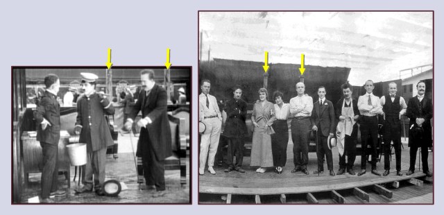  The arrows identify matching details of the bank set as they appear in the film and in the group photo.
