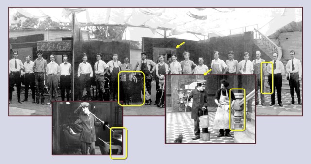 The bank vault, checkerboard floor tiles, and grand staircase evident in the movie frame appear in the right part of the photo.