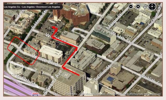 A contemporary view - California Hospital has been greatly remodeled.  The box marks the Finn Building and Essex Apartments on Hope Street.  (C) Microsoft Corporation.