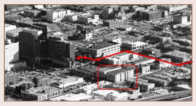 Looking north, this 1950s aerial view shows the ambulance's path.  The box marks the extant Finn Building and the Essex Apartments on Hope Street. USC Digital Library