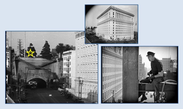 This effect was created by building a simple construction set overlooking the south portal of the Broadway Tunnel. The star marks where the set stood. USC Digital Library