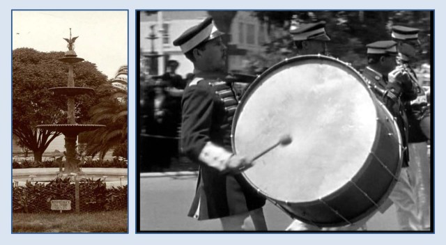 The former fountain at the center of Plaza Square appears behind the drummer during this shot. USC Digital Library.
