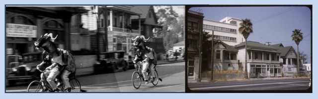 Stan and Ollie ride south down Sunset Blvd. from Grand