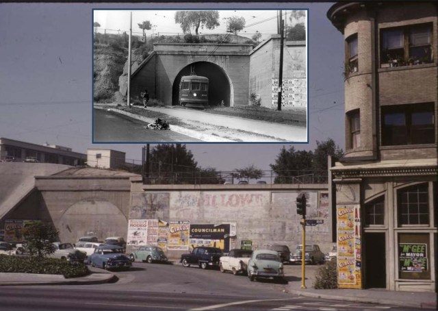 Views of the tunnel portal before and after it was closed over. Mark Forer.