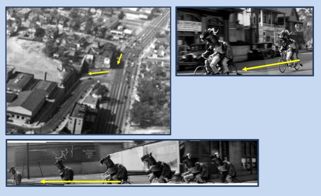 A closer view, riding south down Sunset from Grand (top arrow) then turning right towards the tunnel (bottom arrow).