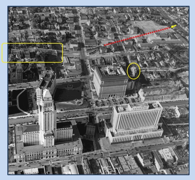 nother view of the northern Hill Street Tunnel (dotted line) running from Sunset to Temple. The Boys entered at the Sunset portal (arrow). After the trolley tracks crossed Temple (running down the photo center) they continued left on Hill Street under Court Hill (yellow box).