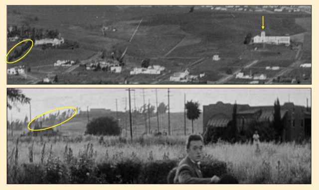 The former California Country Club had a row of trees to the west (oval), while the former Pacific Military Academy had a five story tower (arrow).  The hilltop building behind Stan is consistent with the country club.