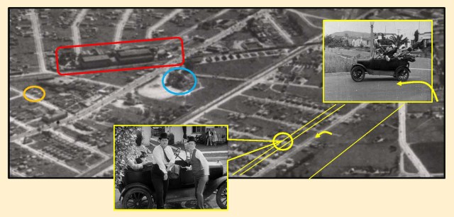 The Hal Roach Studio (red), Sebastian's Cotton Clue (blue), Vera Ave. filming site (yellow oval), the Boys' left turn from Ivy onto Bedford (arrow), and Helms Ave. filming site for the sinking car (orange oval).
