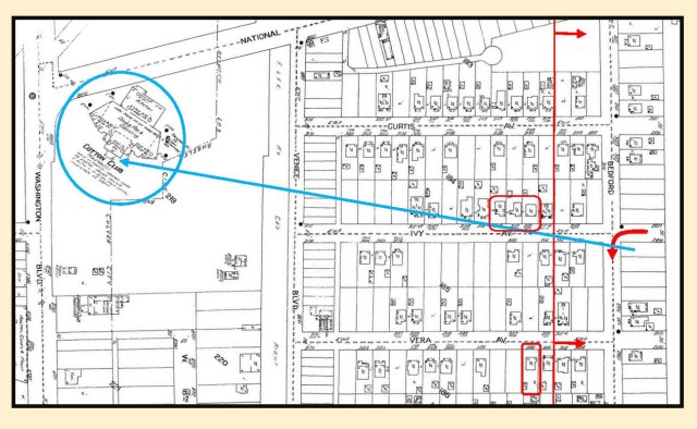 The arrow marks the Boys' turn onto Bedford.  The boxes mark the Vera Ave and Ivy shooting sites.  Everything to the right of the vertical line was destroyed by the freeway.
