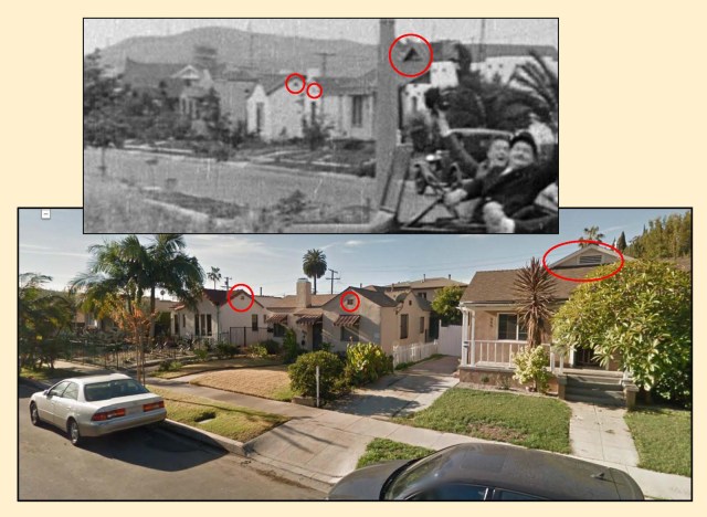 These homes along Ivy Street appear at back as Stan and Ollie make their turn.  The ovals mark corresponding details.