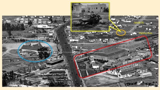 Looking east at the Cotton Club (blue) across the street from the Roach Studios (red).  The sinking car finale (orange) was filmed on Helms just north of where Jacob Street meets Helms. 