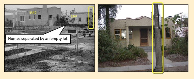 As the car approaches the Helms Street water pit, 3349 and 3341 stand at back, separated by a lot that would remain vacant for another 20 years.  The same lamp post appears in both images.  Jim Dallape.