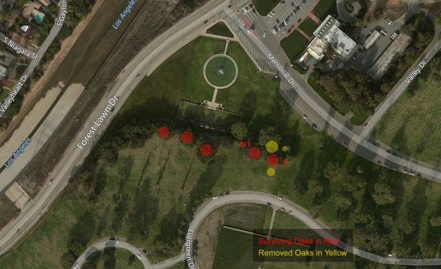 The vintage trees plotted in Photoshop over a modern view.