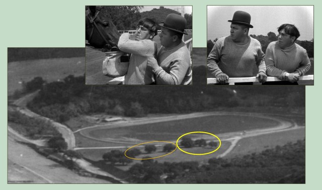 Looking east at the rack track, and the BOAN group of trees (yellow) and trio (orange). USC Digital Library.