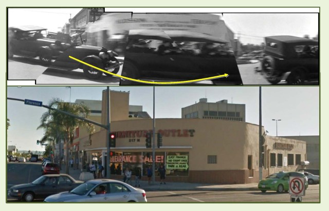 The 60 degree corner building standing at La Brea and Florence.