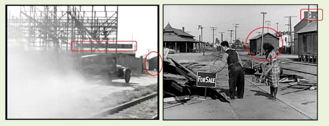 Matching views west in "G" Men and east in One Week.  The same lime storage shed (oval) appears in each image.